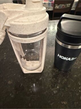 Hoka Black Insulated Travel Cup with Speckled White Flip Bottle